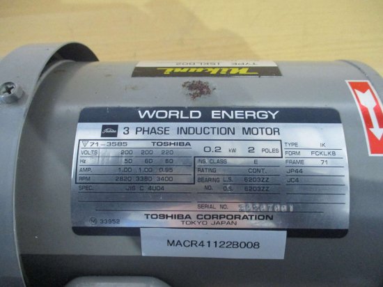 中古 TOSHIBA 3-PHASE INDUCTION MOTOR IK-FCKLK8 15KLD02Z 三相インダクションモーター 0.2KW -  growdesystem