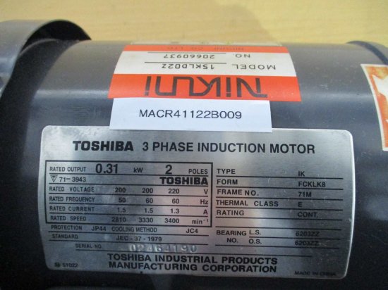 中古 TOSHIBA 3-PHASE INDUCTION MOTOR IK-FCKLK8 15KLD02Z 三相インダクションモーター 0.31KW  - growdesystem