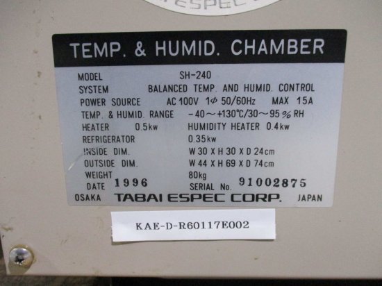 中古 TABAI ESPEC SH240 SH-240 TEMP＆HUMID CHAMBER -40~+130℃ 30~95%RH 小型環境試験機＜ 送料別＞ - growdesystem