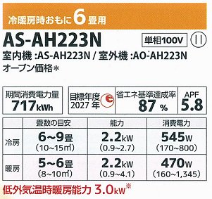 Fujitsuエアコン（ノクリア）AS-AH223N（6畳用） - 中央サービス