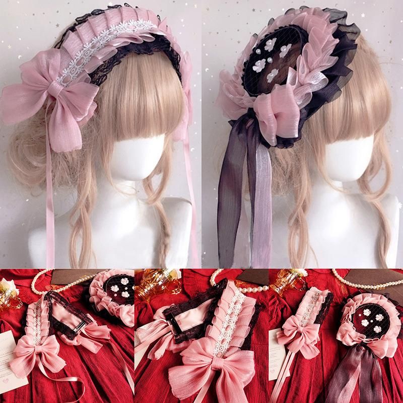 即納】PINK オーガンジー リボン レース lolita ヘッドドレス