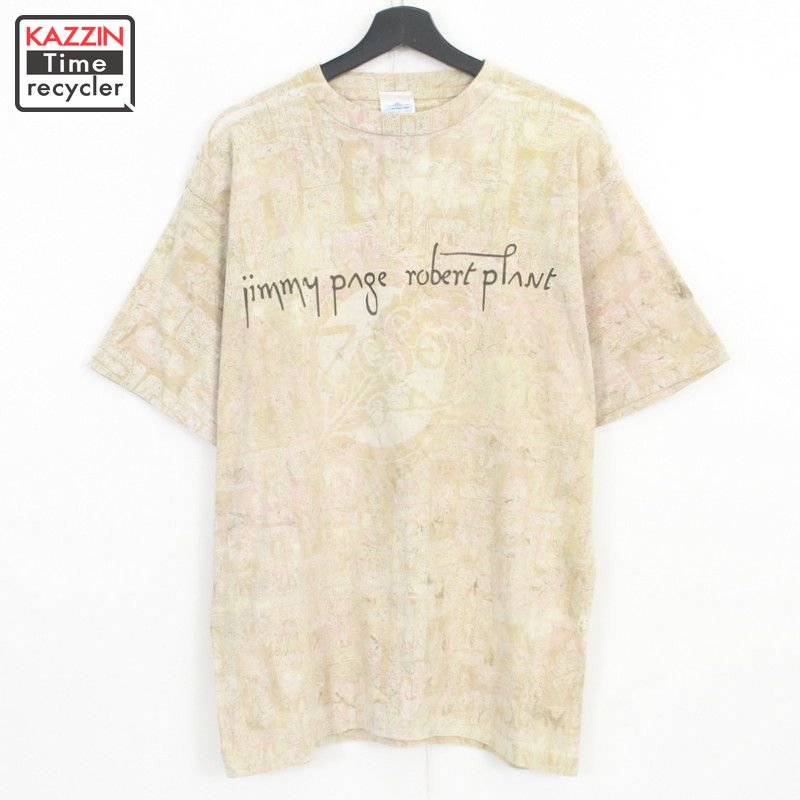 90s ジミーペイジ Jimmy Page ロバートプラント Robert Plant 総柄 バンドＴシャツ 古着 ★ 表記Lサイズ カーキ -  KAZZIN Time recycler 広島にある古着屋 カジン タイム リサイクラー