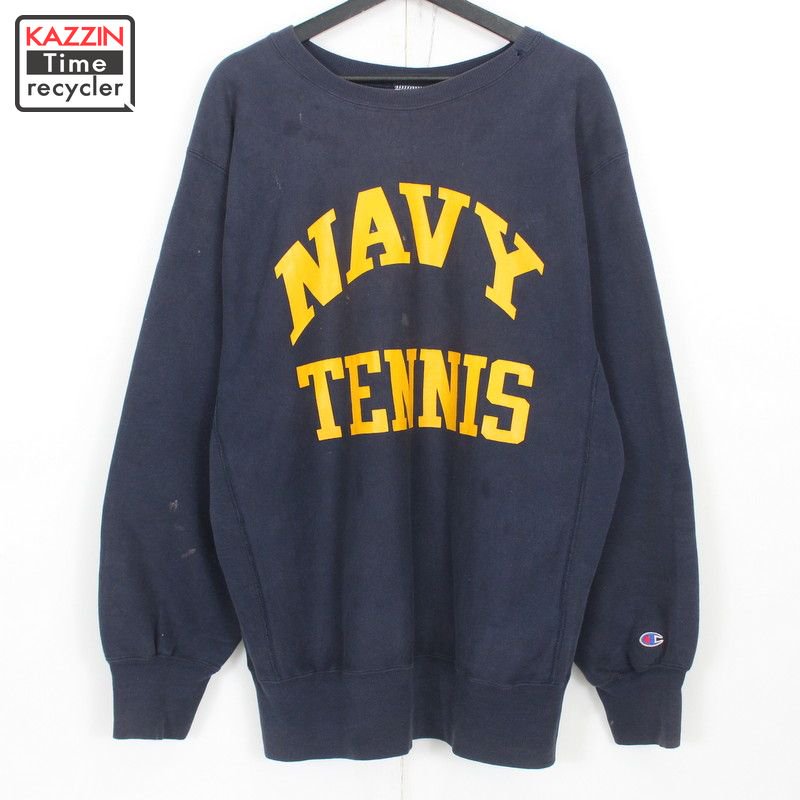 90s USA製 チャンピオン Champion NAVY TENNIS ミリタリー リバースウィーブスウェット 古着 ☆ メンズ 表記XLサイズ  ネイビー - KAZZIN Time recycler 広島にある古着屋オンラインショップ カジン タイム リサイクラー