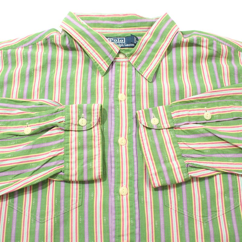 90s ラルフローレン RALPH LAUREN ストライプ柄 チンスト 長袖シャツ