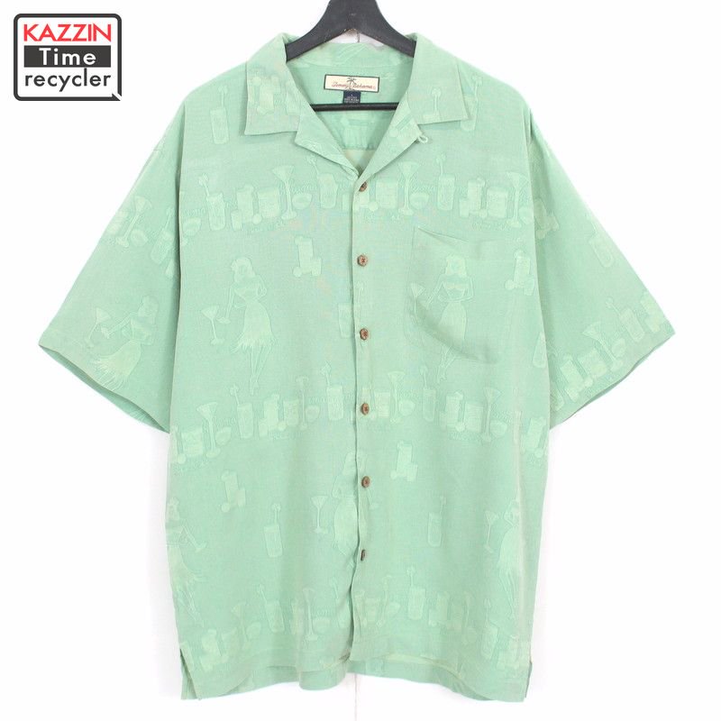 90s トミーバハマ Tommy Bahama カクテル柄 シルク アロハシャツ 古着 ☆ メンズ 表記Lサイズ ライトグリーン - KAZZIN  Time recycler 広島にある古着屋オンラインショップ カジン タイム リサイクラー