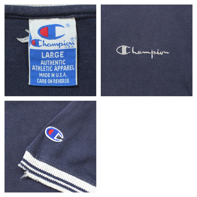 90s USA製 チャンピオン Champion ロゴ BORO リンガーＴシャツ 古着 ★ メンズ 表記Lサイズ ネイビー - KAZZIN  Time recycler 広島にある古着屋オンラインショップ カジン タイム リサイクラー