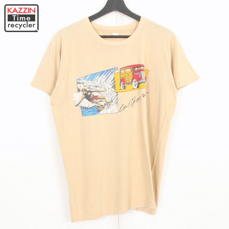 80s USA製 サーフ クラシックカー プリント 半袖Ｔシャツ 古着