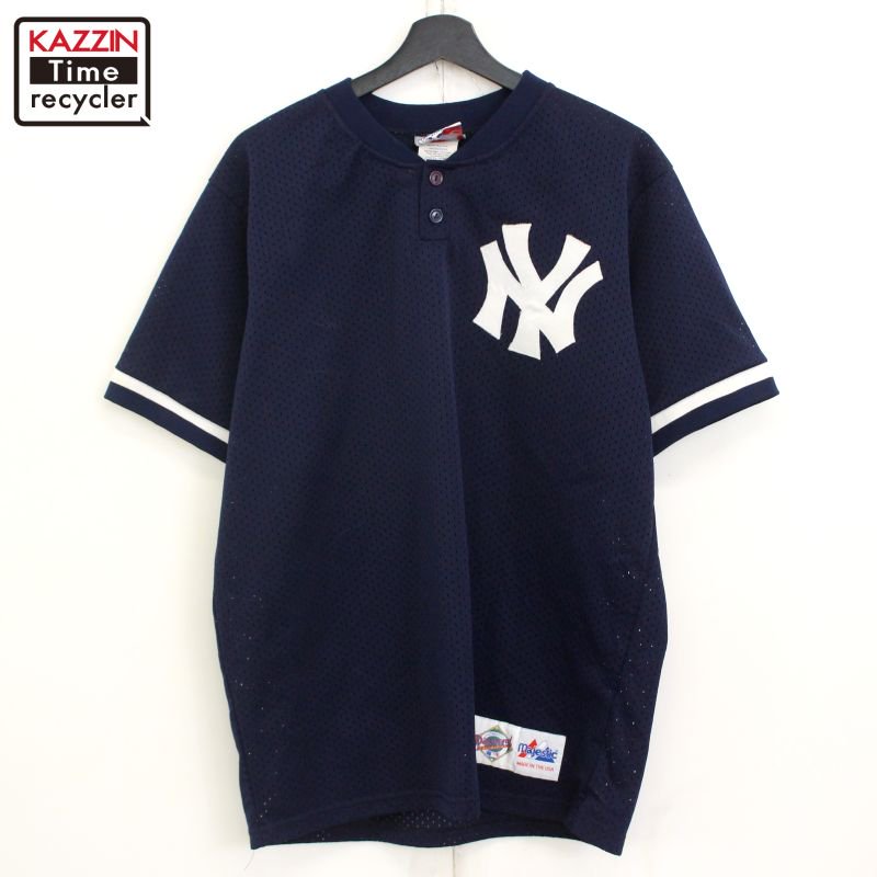 90s USA製 MLB vintage majestic ニューヨーク・ヤンキース メッシュ ヘンリーネック ベースボールシャツ メンズ 表記Lサイズ  - KAZZIN Time recycler 広島にある古着屋オンラインショップ カジン タイム リサイクラー