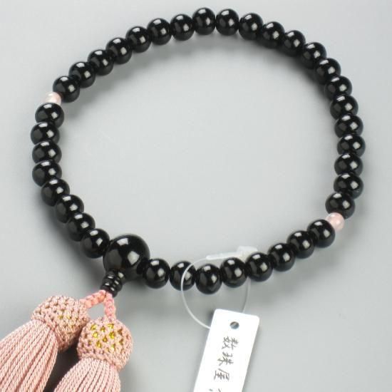数珠 女性用 黒檀(こくたん) 約7mm ローズクォーツ二天 正絹房(しょうけんふさ)の写真