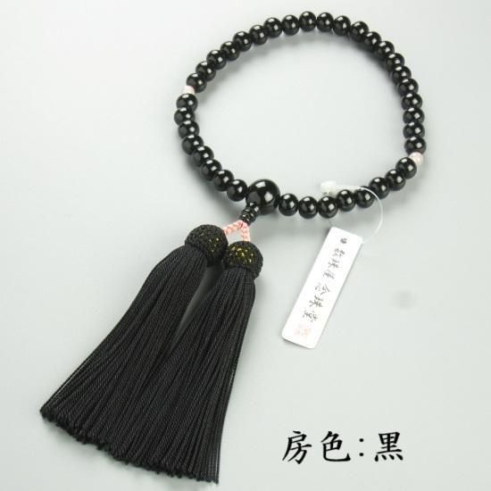 数珠 女性用 黒檀(こくたん) 約7mm ローズクォーツ二天 正絹房(しょうけんふさ)の写真