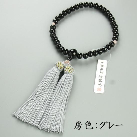 数珠 女性用 黒檀(こくたん) 約7mm ローズクォーツ二天 正絹房(しょうけんふさ)の写真