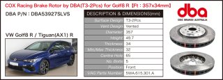 COX Racing Brake Rotor(T3-2Pcs) by DBA for Golf8 RFront357x34mmۡڥ饤󥹥ȥ/ʡ
