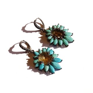 Vintage Silver 925 Turquoise Flower Motif Earrings
