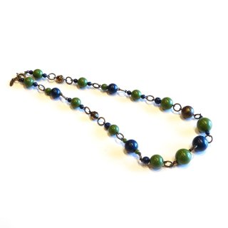 70s Deep Green  Navy Old Plastic Beads Necklace