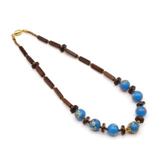 Vintage Wooden Parts  Blue Venetian Glass Necklace