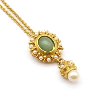 70s Vintage Fake Pearl  Green Cabochon Long Necklace