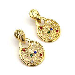 80s Vintage Rhinestone  Gold Design Earrings
