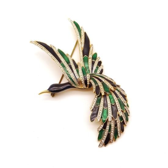 80s 「D'ORLAN」 Vintage Enamel × Rhinestone Bird Motif Brooch