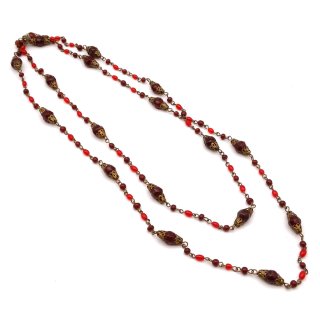 60s Vintage Red Glass Beads Long Necklace