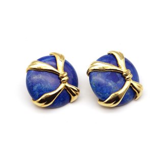 Vintage Gold Tone Ribbon  Blue Natural Stone Earrings