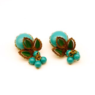 50s Vintage Turquoise Green Old Plastic Flower Motif Earrings