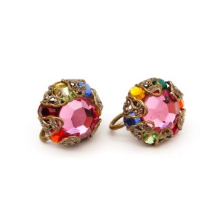 30s Vintage Multicolor Flower Rhinestone Earrings
