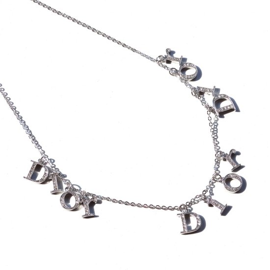 「Christian Dior」 Vintage Silver Tone Rhinestone Triple Logo charm Necklace