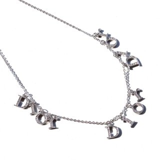 Christian Dior Vintage Silver Tone Rhinestone Triple Logo charm Necklace 