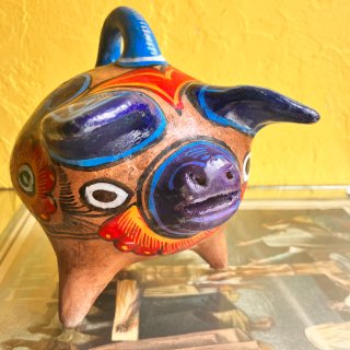 Vintage Mexican Folk Art Ceramic Pottery Flying Piggy Bank