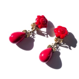 60s Vintage Red Glass Flower Motif Earrings