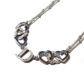 Christian Dior Vintage Silver Tone Rhinestone Heart Design Double Chain Necklace 