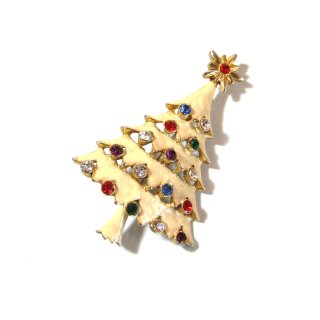 80s Vintage Enamel Rhinestone Christmas Tree Brooch 
