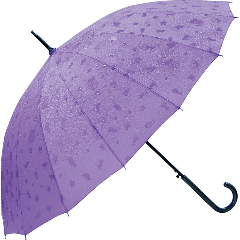 濡れると柄が浮き上がる　猫柄ジャンプ傘「わにゃんこ　紫」16本骨　