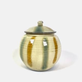 小鹿田焼 黒木昌伸窯 3合壺 白地に青飴細垂幕