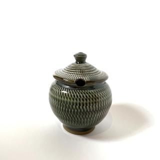 小鹿田焼 小袋窯 小袋道明 1合薬味壺 青 飛びかんな 口切り