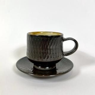 cup&saucer 黒 地とびかんな<p></p> 小鹿田焼 坂本浩二窯