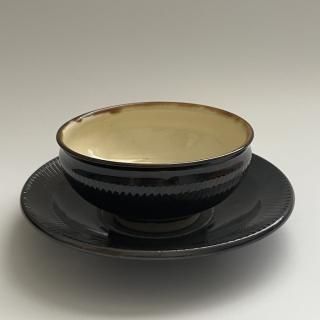 小鹿田焼 スープボウル&ソーサー 黒・白