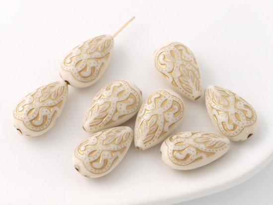 ivory gold line etched drop beads 18x11mm