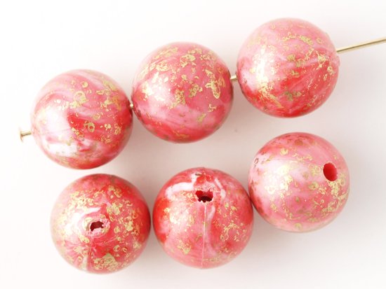 vintage red pink marble gold picasso round beads 12mm