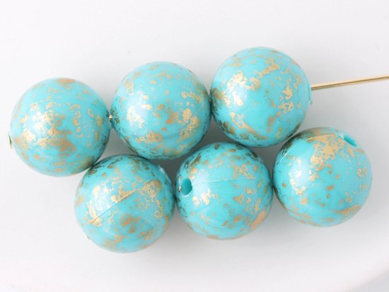 vintage turquoise blue gold picasso round beads 12mm