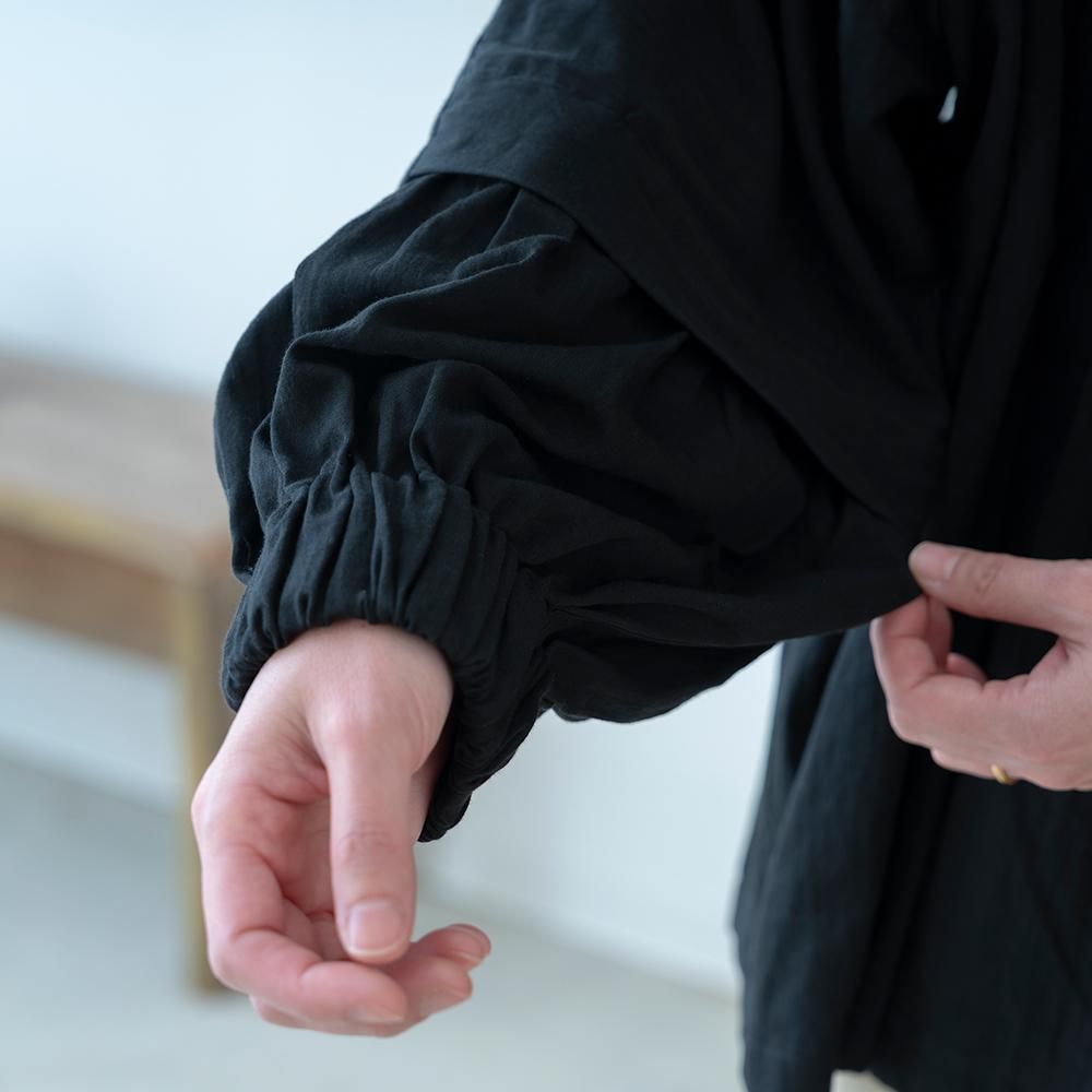 cotton satin - mock neck blouse - / black - PUKU