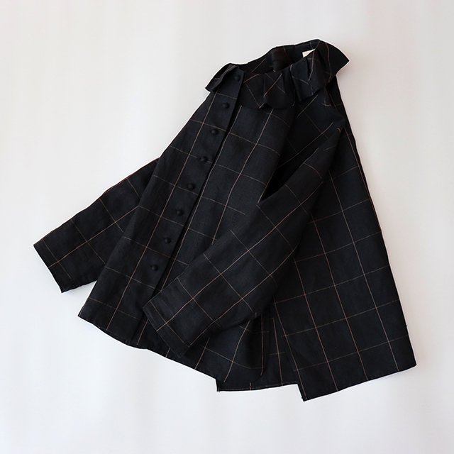 linen windowpane frill blouse / black