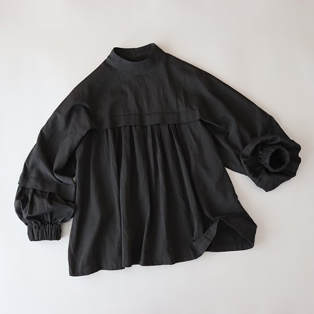 cotton satin - mock neck  blouse - /  black