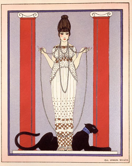 Lady with Panther by George Barbier for Louis Cartier, 1914.  Display card commissioned by Cartier shows a woman in a Paul Poiret gown (1914).