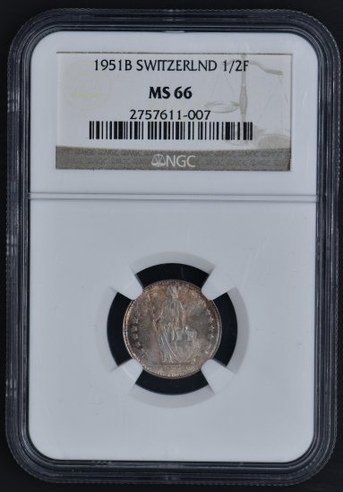 1951B スイス 1/2F NGC MS66 未使用+ - 一生コレクション コイン収集用品