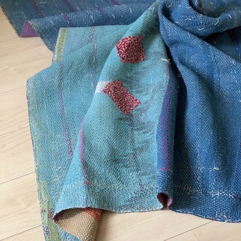 Vintage Kantha quilt blockprint colorful blue ビンテージ