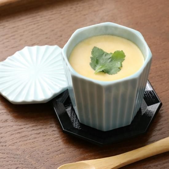 青白磁 八角彫蒸し碗 受け皿付 茶碗蒸し用食器 美濃焼 青磁