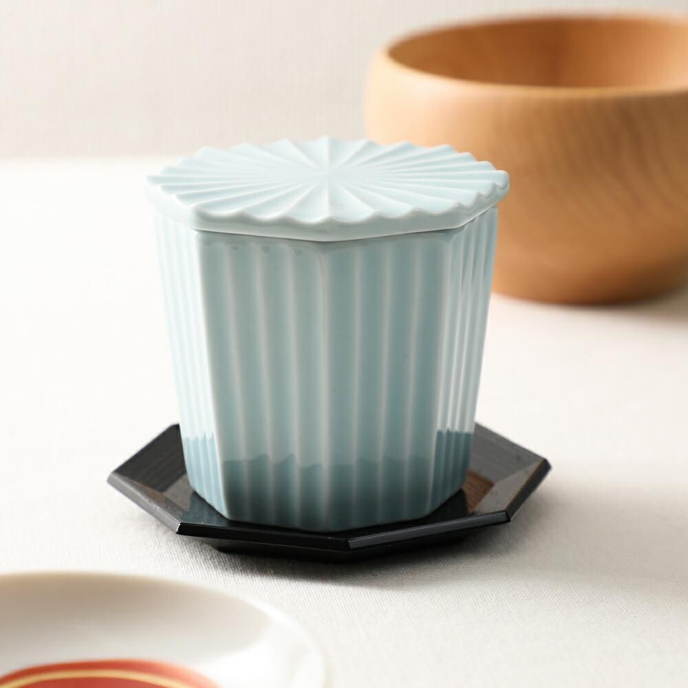 青白磁 八角彫蒸し碗 受け皿付 茶碗蒸し用食器 美濃焼 青磁