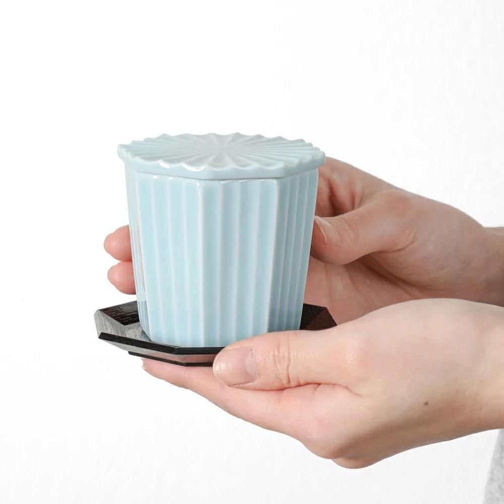 青白磁 八角彫蒸し碗 受け皿付 茶碗蒸し用食器 美濃焼 青磁
