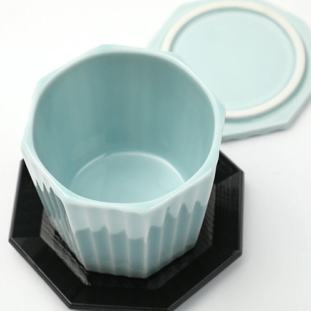青白磁 八角彫蒸し碗 受け皿付 茶碗蒸し用食器 美濃焼 青磁